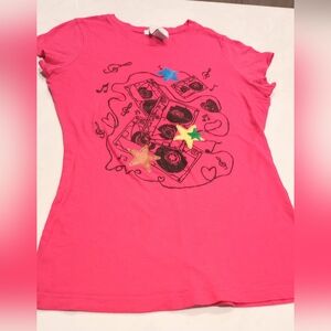 Hot Pink Graphic Junior T-Shirt with Star And Musical Note Accents, 100% Cotton